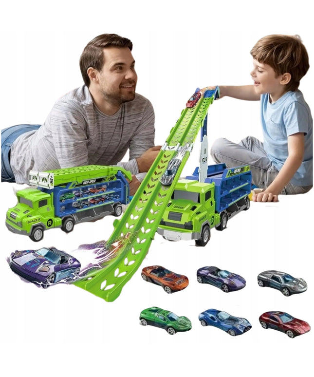 Didelis Kinderini vilkikas-autovežė su automobiliukų paleidimo įtaisu ir trasa, 6 automobiliukai