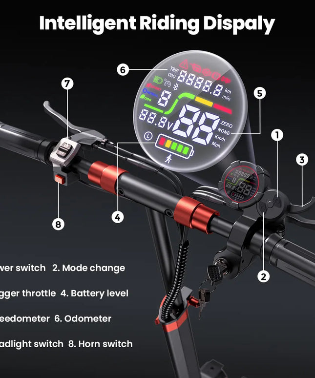 iScooter IX5S elektrinis paspirtukas, 11 colių visureigis, 48V 15Ah, 1000W variklis, galinių ratų pavara, maksimalus greitis 45 km/val., nuvažiuojamas atstumas iki 65 km, sulankstomas