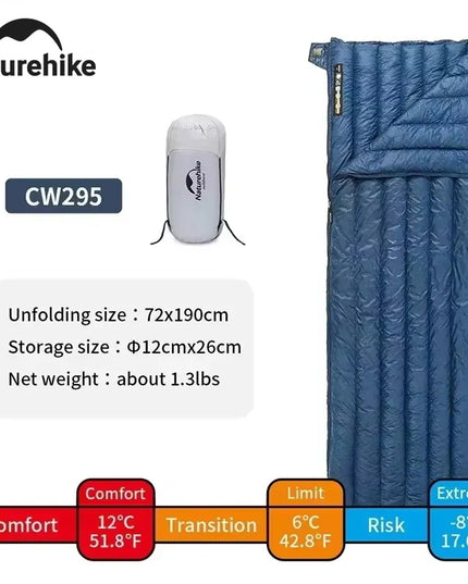 Naturehike CW280 miegmaišis, ultralengvas, su ančių pūkais, skirtas stovyklavimui, žygiams ir kelionėms