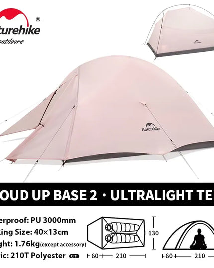 Naturehike Cloud Up 2 asmenų palapinė, itin lengva 20D kempingo palapinė, vandeniui atspari žygiams, kelionėms, žygiams su kuprine, važiavimui dviračiu ir žvejybai