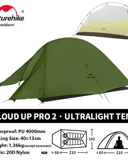 Naturehike Cloud Up 2 asmenų palapinė, itin lengva 20D kempingo palapinė, vandeniui atspari žygių, kelionių, turistavimo ir žvejybos palapinė