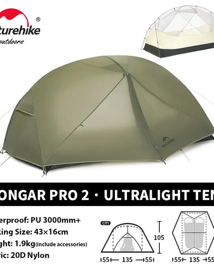 Naturehike Mongar Pro UL kempingo palapinė 20D nailoninė, skirta 1-3 asmenims, turistinė, žygių, atspari lietui, apsauga nuo saulės