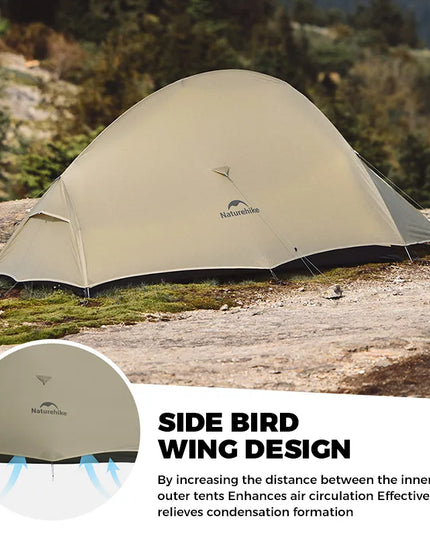 Naturehike Cloud Up palapinė žygiams ir stovyklavimui – itin lengva, vandeniui atspari dvivietė kelioninė palapinė