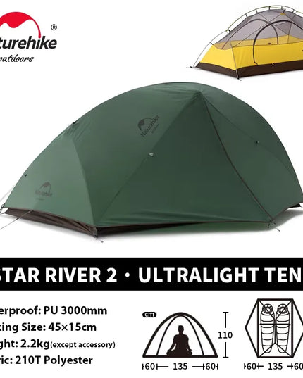 Naturehike Star River 2 UL palapinė – 2 asmenų itin lengva vandeniui atspari dviejų sluoksnių kempingo palapinė 3 sezonams, skirta žygiams, stovyklavimui ir žvejybai