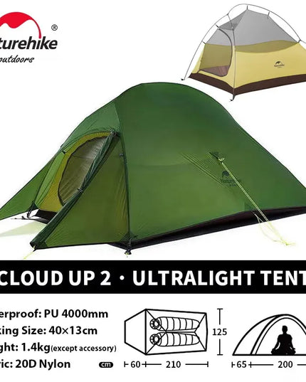 Naturehike Cloud Up 2 asmenų palapinė, itin lengva 20D kempingo palapinė, vandeniui atspari žygiams, kelionėms, žygiams su kuprine, važiavimui dviračiu ir žvejybai