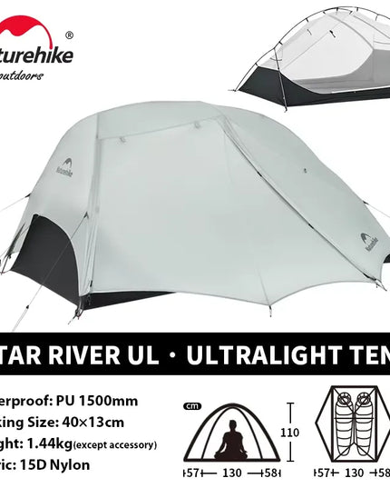 Naturehike Star River 2 UL palapinė – 2 asmenų itin lengva vandeniui atspari dviejų sluoksnių kempingo palapinė 3 sezonams, skirta žygiams, stovyklavimui ir žvejybai