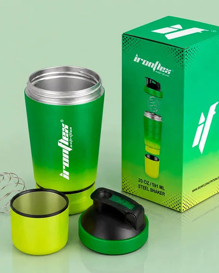 IronFlex Steel Shaker 591 ml – plieninė baltymų gertuvė su papildų talpykle, žalia ir geltona