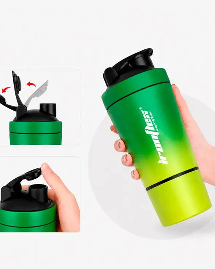 IronFlex Steel Shaker 591 ml – plieninė baltymų gertuvė su papildų talpykle, žalia ir geltona