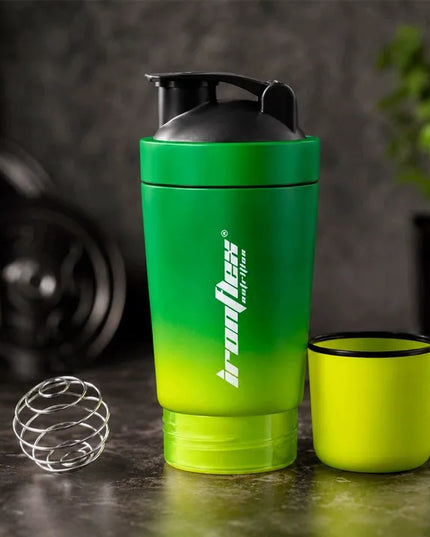 IronFlex Steel Shaker 591 ml – plieninė baltymų gertuvė su papildų talpykle, žalia ir geltona