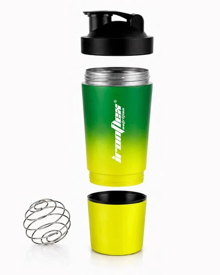 IronFlex Steel Shaker 591 ml – plieninė baltymų gertuvė su papildų talpykle, žalia ir geltona