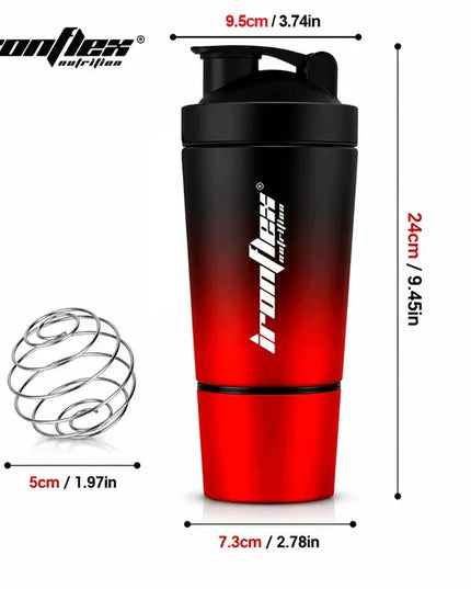 Baltymų plaktuvė 591 ml „IronFlex“ – plieninė, su papildų talpykla