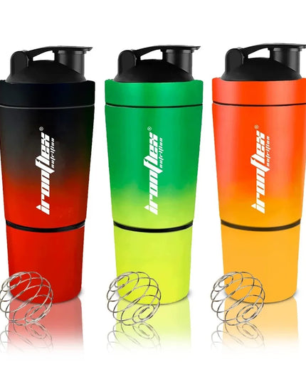 IronFlex Steel Shaker 591 ml – plieninė baltymų gertuvė su papildų talpykle, žalia ir geltona