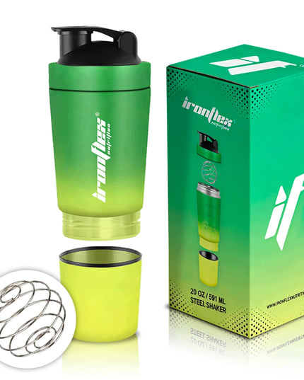 IronFlex Steel Shaker 591 ml – plieninė baltymų gertuvė su papildų talpykle, žalia ir geltona