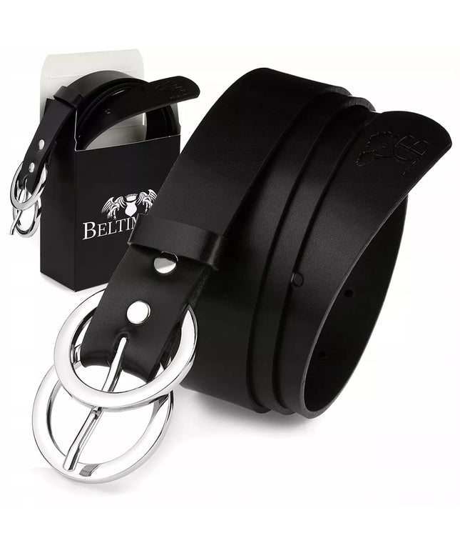 Moteriškas odinis diržas Beltimore su sidabriniais žiedais ir didele sagtimi, klasikinis juodas