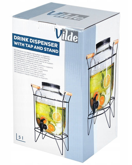 Didelis stiklinis NAPOJE dozatoriaus stiklainis su čiaupeliu ir stovu 5,5L