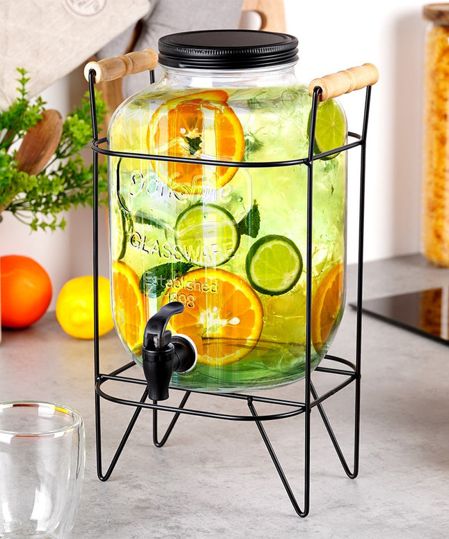 Didelis stiklinis NAPOJE dozatoriaus stiklainis su čiaupeliu ir stovu 5,5L