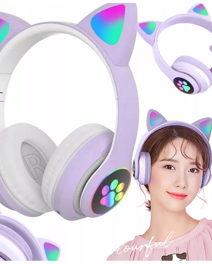 Belaidės „Bluetooth“ ausinės vaikams, ant ausų, su katės ausimis, violetinės