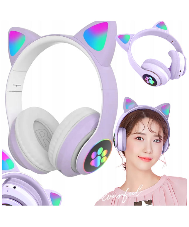 Belaidės „Bluetooth“ ausinės vaikams, ant ausų, su katės ausimis, violetinės