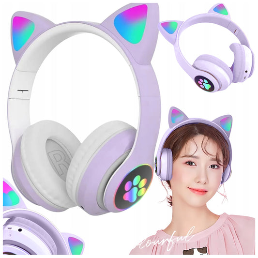 Belaidės „Bluetooth“ ausinės vaikams, ant ausų, su katės ausimis, violetinės