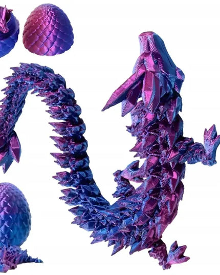 Kristalinis 3D spausdintas drakonas su kiaušiniu, lankstus, mėlynos-violetinės spalvos