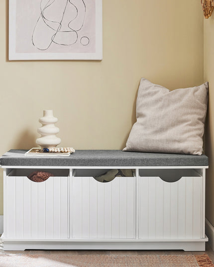 SoBuy Balta batų spintelė-suolas su 3 skyriais FSR30-W