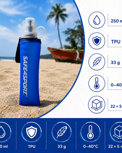 Safe4sport Soft Flask 250 ml – sulankstomas minkštas bėgimo buteliukas su rankena, mėlynas