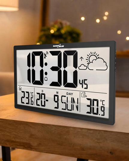 GreenBlue meteorologinė stotelė su dideliu LCD sieniniu laikrodžiu ir išoriniu jutikliu