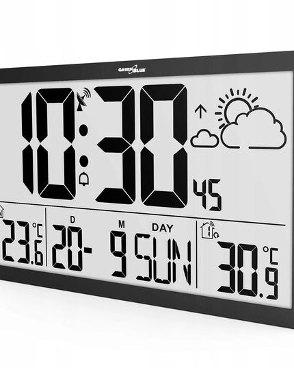 GreenBlue meteorologinė stotelė su dideliu LCD sieniniu laikrodžiu ir išoriniu jutikliu