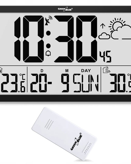 GreenBlue meteorologinė stotelė su dideliu LCD sieniniu laikrodžiu ir išoriniu jutikliu