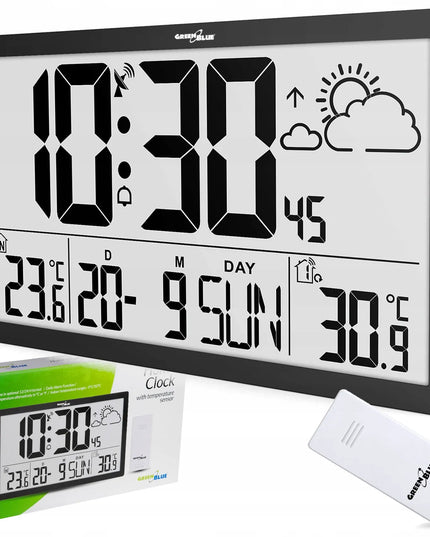 GreenBlue meteorologinė stotelė su dideliu LCD sieniniu laikrodžiu ir išoriniu jutikliu