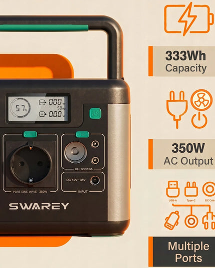 Swarey S160 Max nešiojamoji elektros stotelė, 333 Wh, 350 W (iki 700 W), skirta įkrauti saulės energija