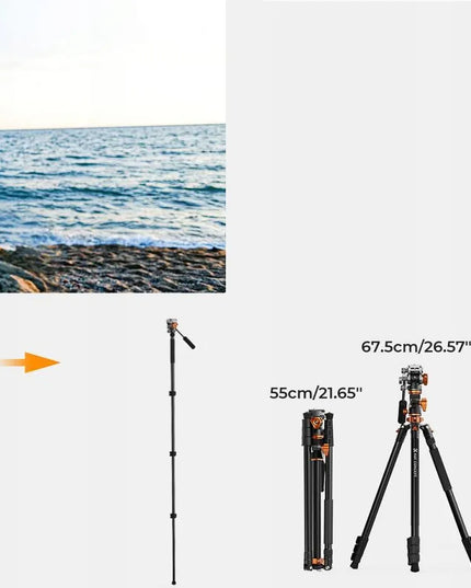 Fotografinis trikojis-monopodas vaizdo įrašams, 240 cm, K&F T254A7 + skysčio galvutė FH-03