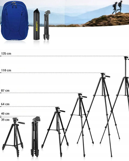 Trikojis stovas 136 cm asmenukėms, nuotolinio valdymo pultelis, telefono laikiklis, aliuminis, dėklas