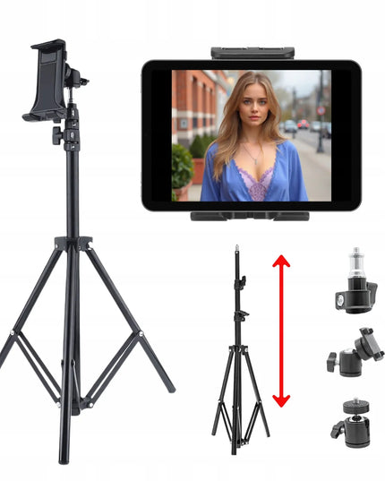 Universalaus 160 cm trikojo stovas su laikikliu fotoaparatui, telefonui ir planšetei, 3,5–10″