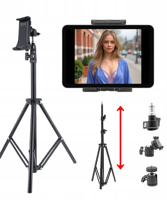 Universalaus 160 cm trikojo stovas su laikikliu fotoaparatui, telefonui ir planšetei, 3,5–10″