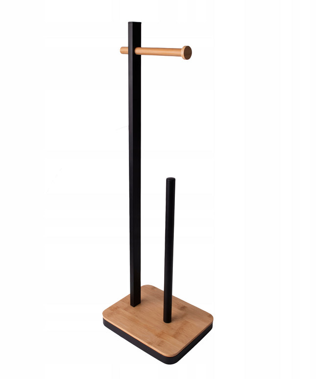 Juodas bambukinis stovas laikiklis tualetiniam popieriui, WC, 3 ritinėliams.
