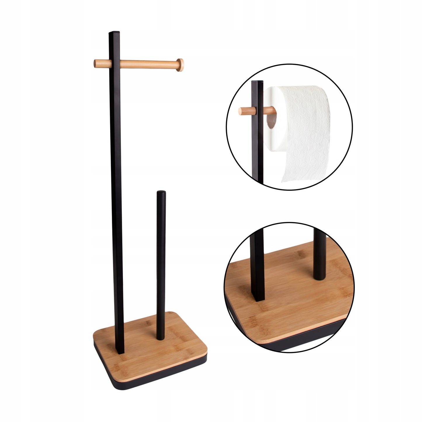 Juodas bambukinis stovas laikiklis tualetiniam popieriui, WC, 3 ritinėliams.