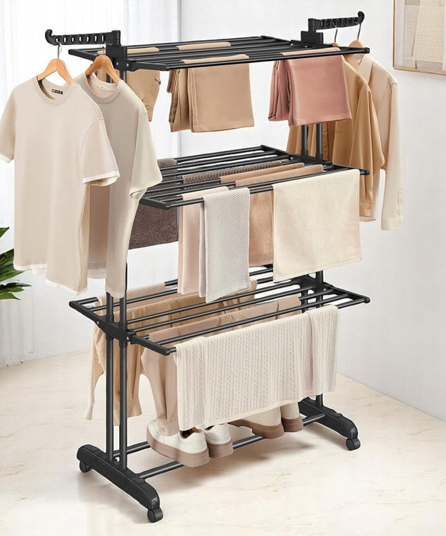 Didelė vertikali juoda metalinė XXL drabužių ir apatinių skalbinių džiovykla