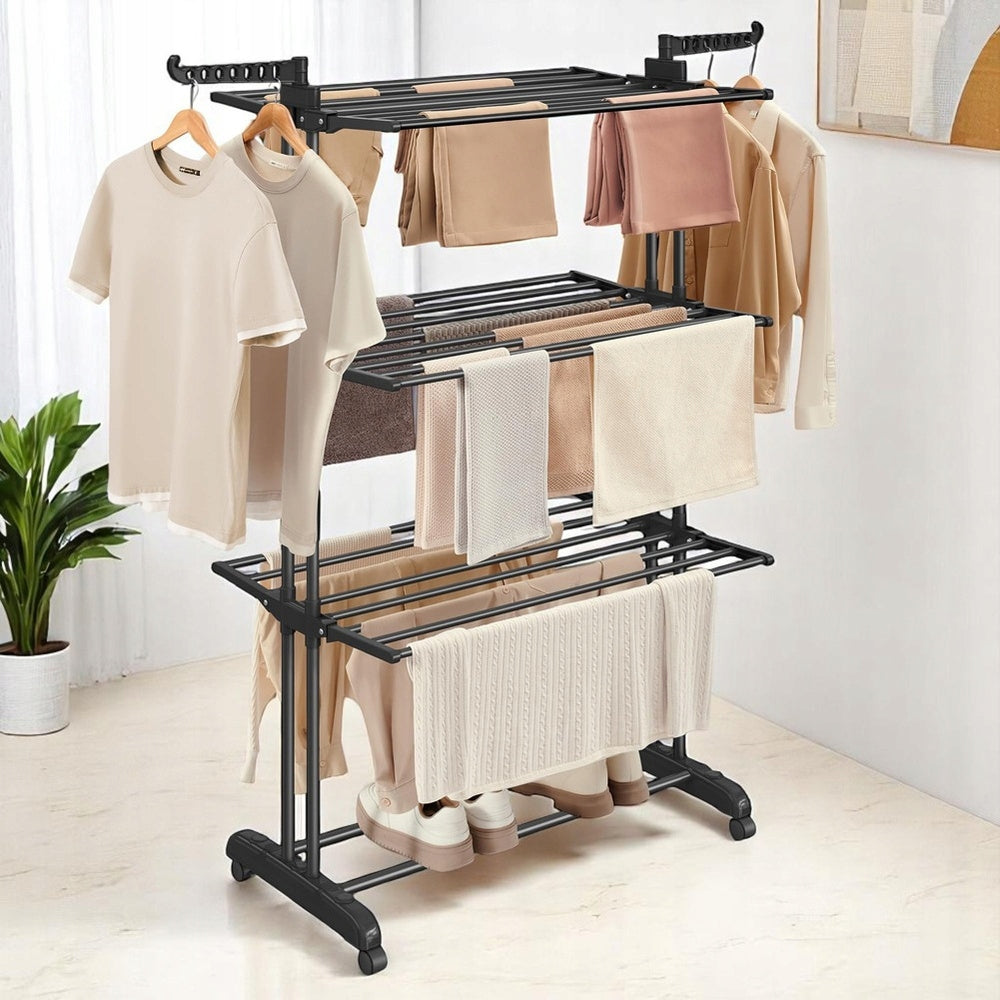 Didelė vertikali juoda metalinė XXL drabužių ir apatinių skalbinių džiovykla