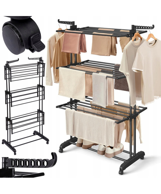 Didelė vertikali juoda metalinė XXL drabužių ir apatinių skalbinių džiovykla