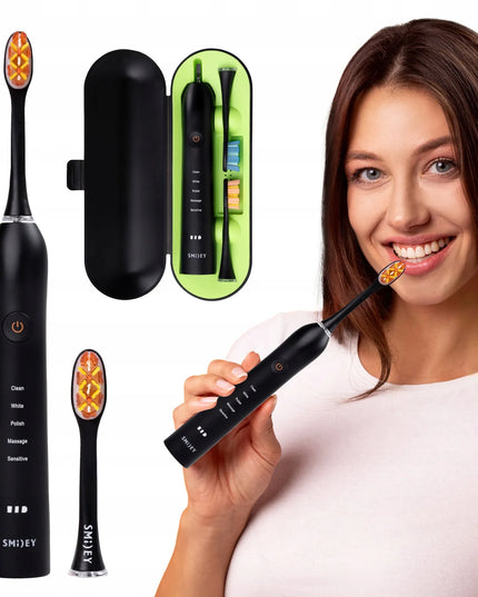 Soninis elektrinis dantų šepetėlis Smiley Pro juodas su dėklu ir indukcine įkrovimo stotele