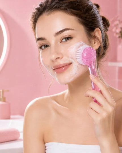 SEOL COSMETICS rožinis rankinis veido valymo, šveitimo ir masažo šepetėlis nagų dulkėms pašalinti
