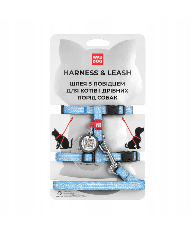 Petnešos su pavadėliu katėms Waudog Re-cotton, su QR pasu, atspindinčios, mėlynos, XS