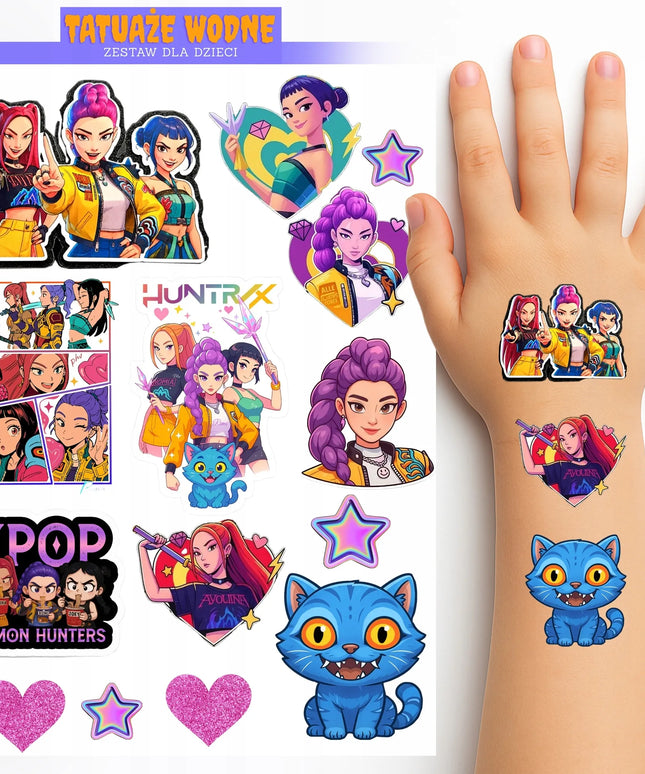 XXL nuplaunamos tatuiruotės vaikams „Huntrix“, „Demon Hunters“, K-pop motyvas