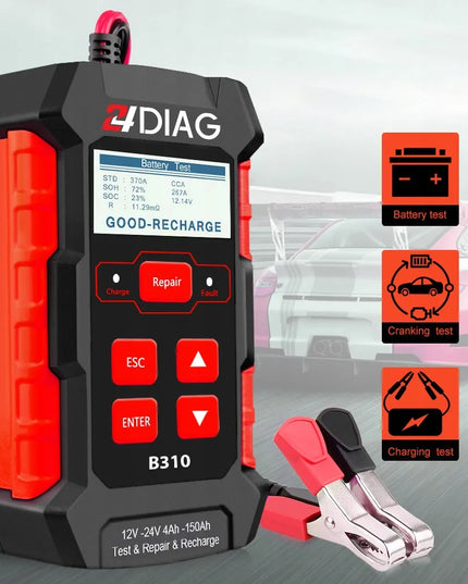 24DIAG B310 akumuliatorių testeris, įkroviklis ir automatinis matuoklis, 12 V / 24 V, 10 A