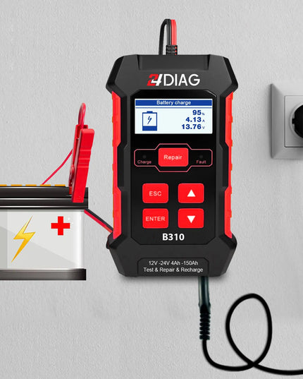 24DIAG B310 akumuliatorių testeris, įkroviklis ir automatinis matuoklis, 12 V / 24 V, 10 A
