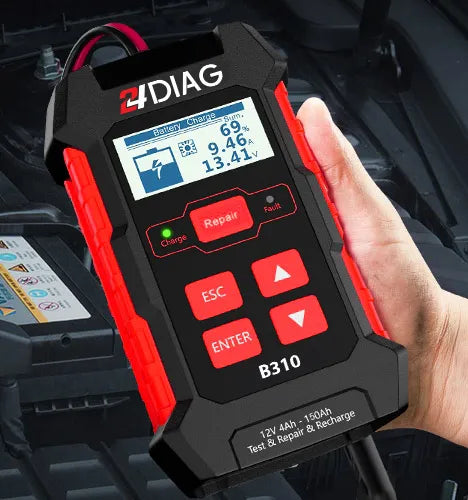 24DIAG B310 akumuliatorių testeris, įkroviklis ir automatinis matuoklis, 12 V / 24 V, 10 A