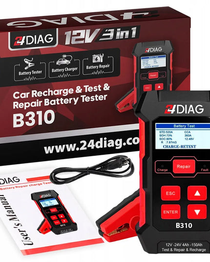 24DIAG B310 akumuliatorių testeris, įkroviklis ir automatinis matuoklis, 12 V / 24 V, 10 A