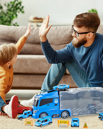 MalPlay policijos sunkvežimis su automobiliukais, lagaminas, automobilvežis
