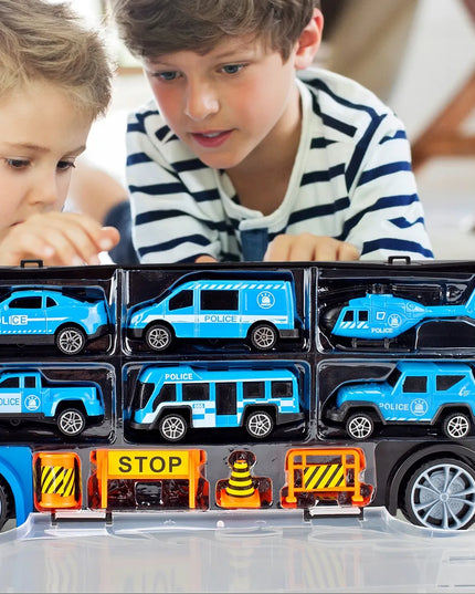 MalPlay policijos sunkvežimis su automobiliukais, lagaminas, automobilvežis